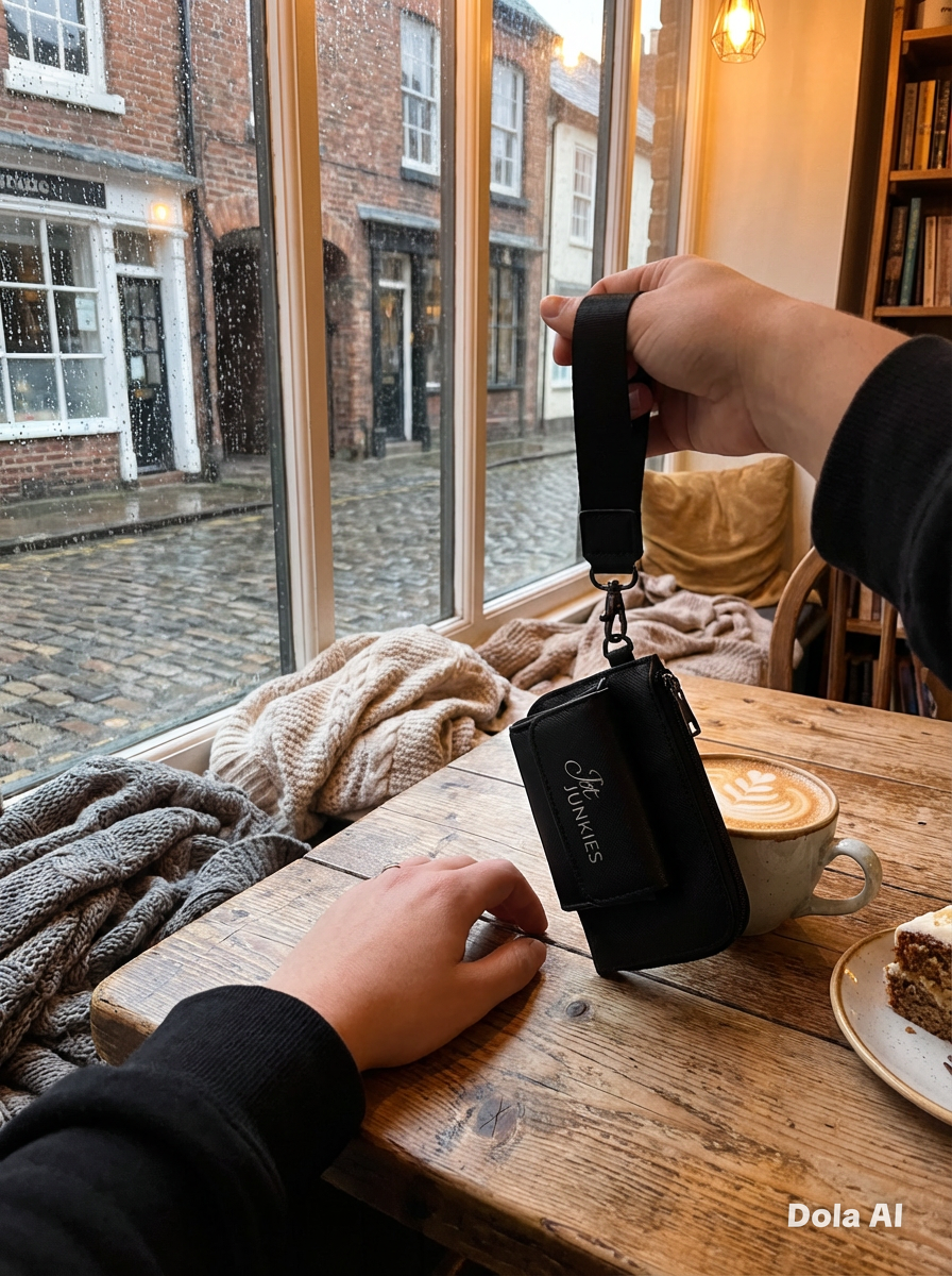Person holding a black camera bag with 'Jot Junkies' branding on a wooden table in a cozy café.